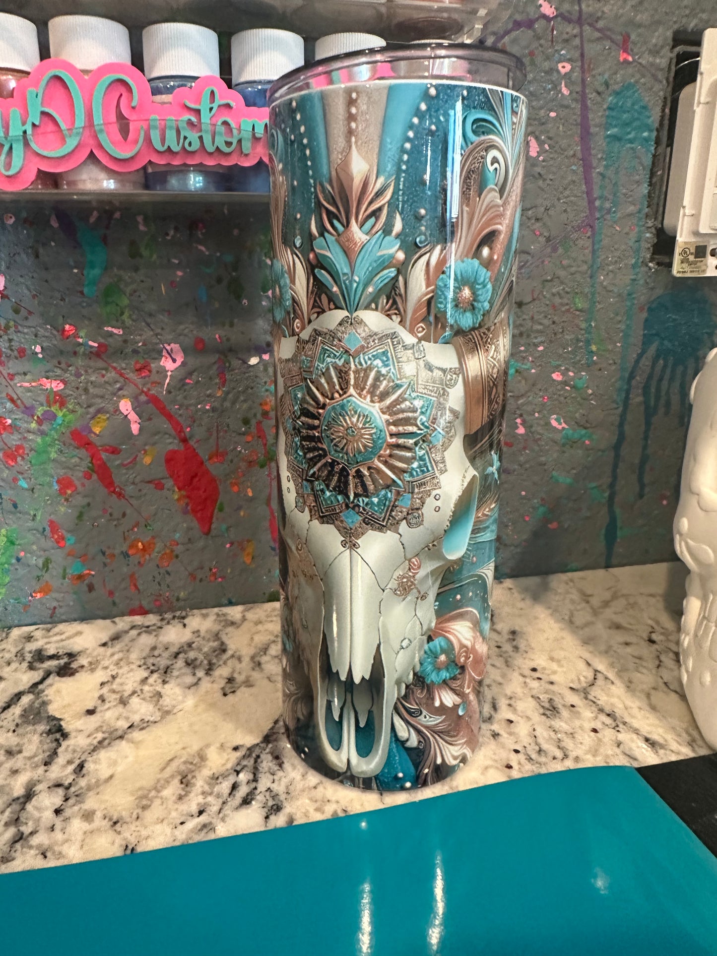 20 oz sublimated tumbler western turquoise bull skull