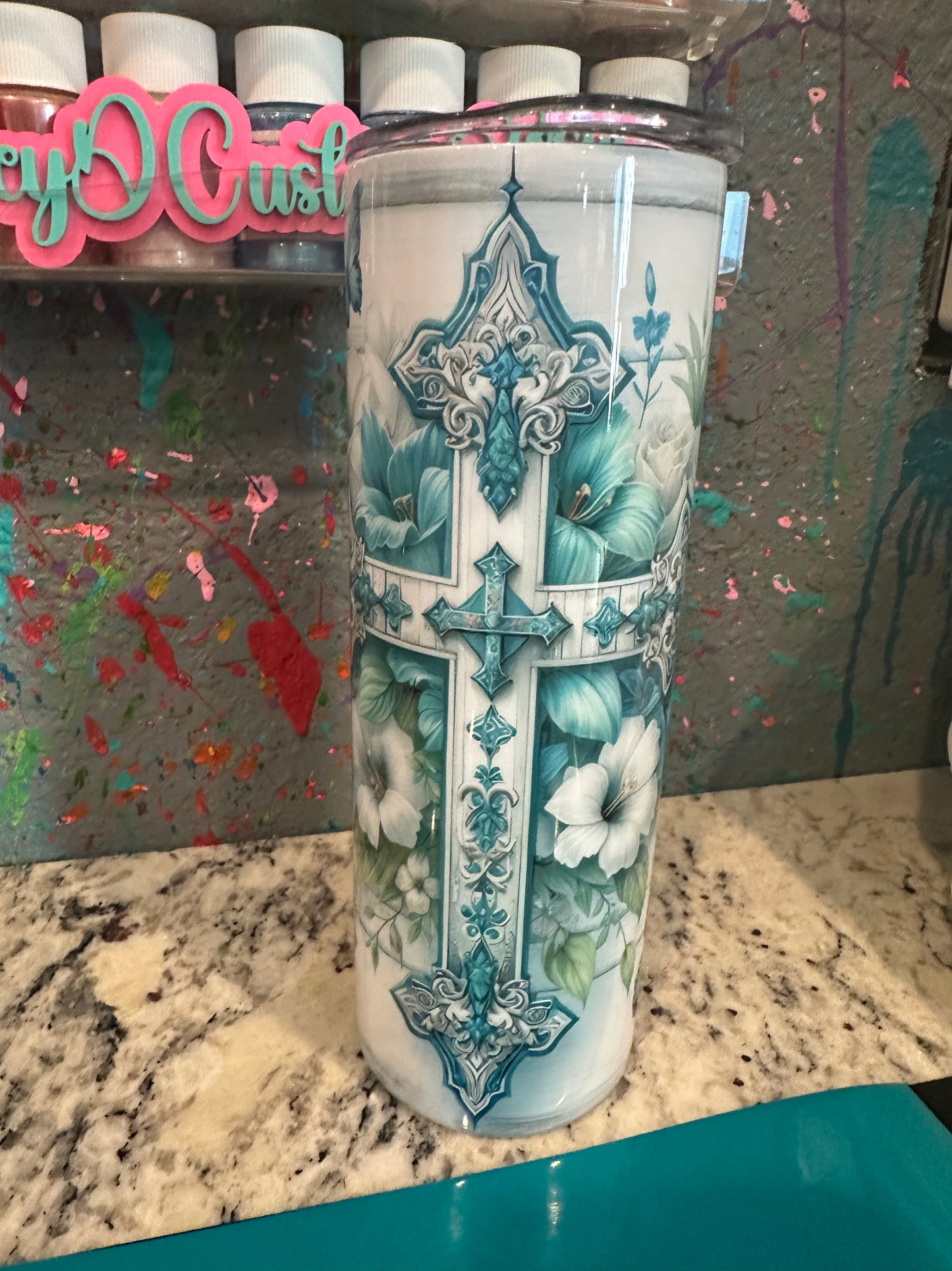 20 oz sublimated tumbler teal cross