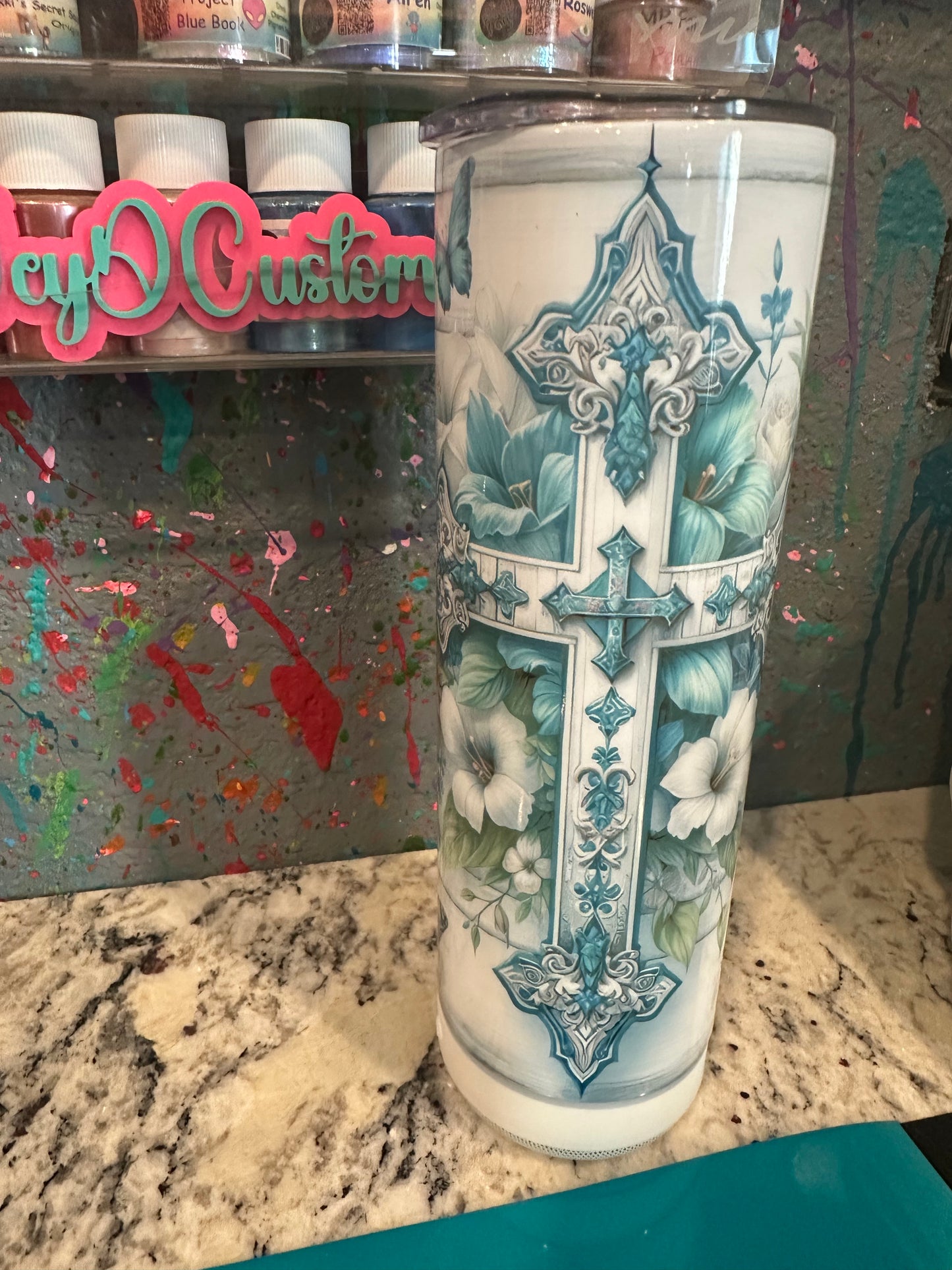 20 oz sublimated tumbler teal cross with bluetooth speaker