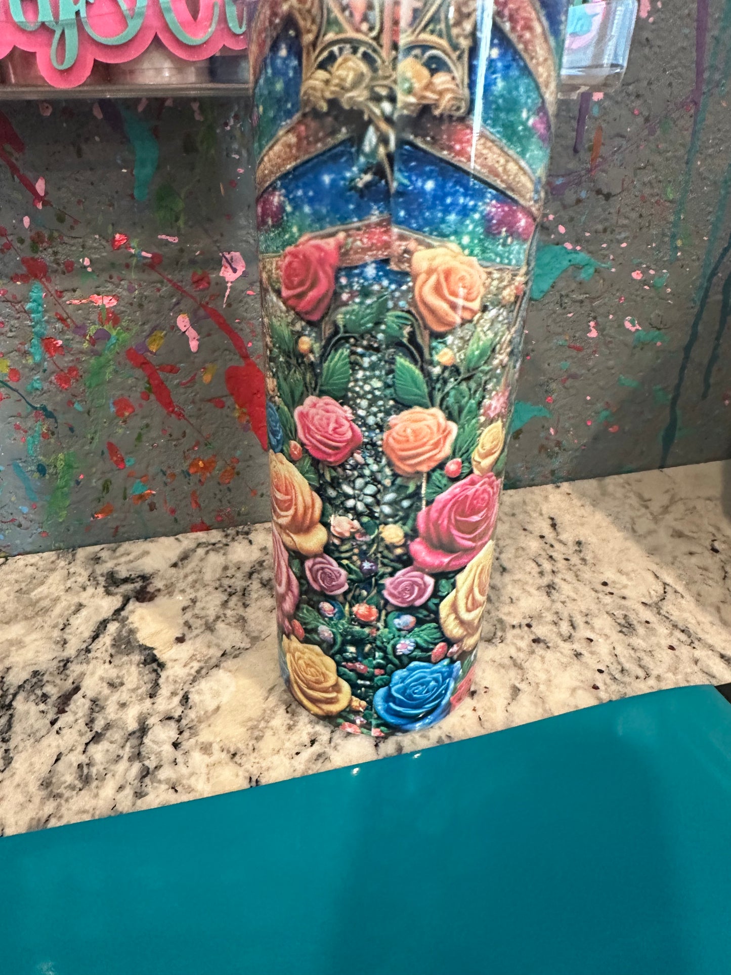 20 oz sublimated tumbler virgen rainbow rose