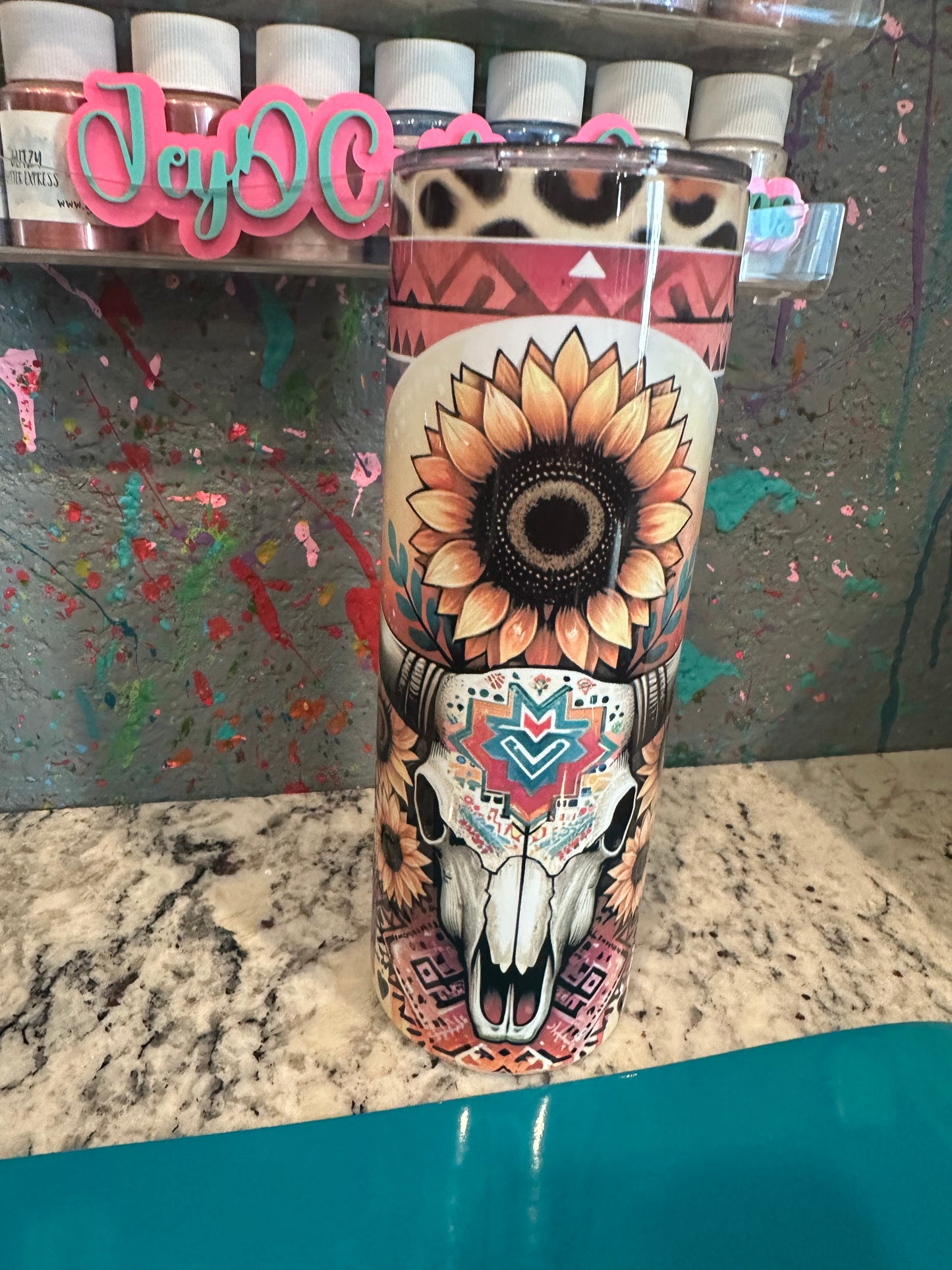 20 oz sublimated tumbler sunflower bull skull