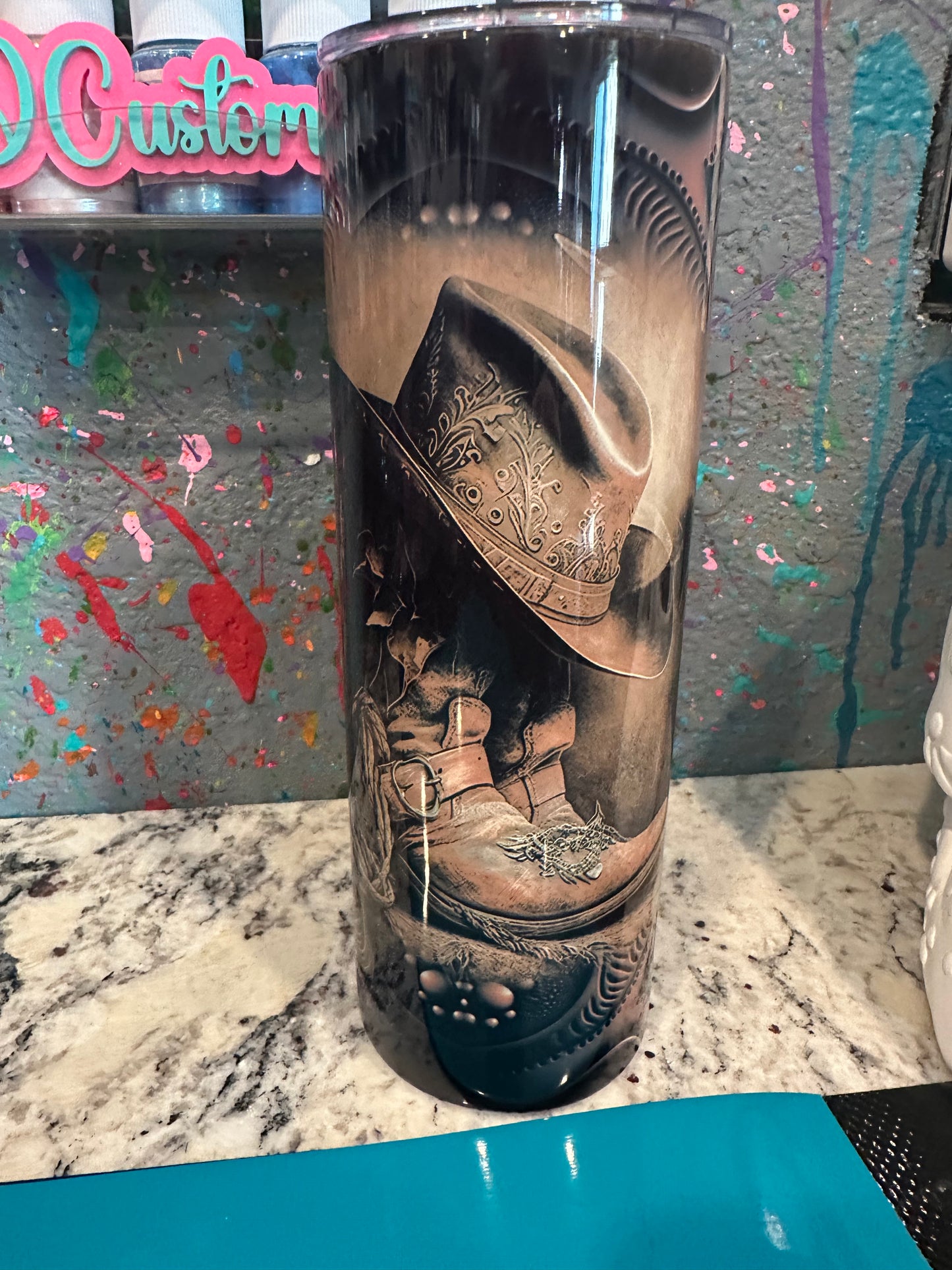 20 oz sublimated tumbler western boots and hat