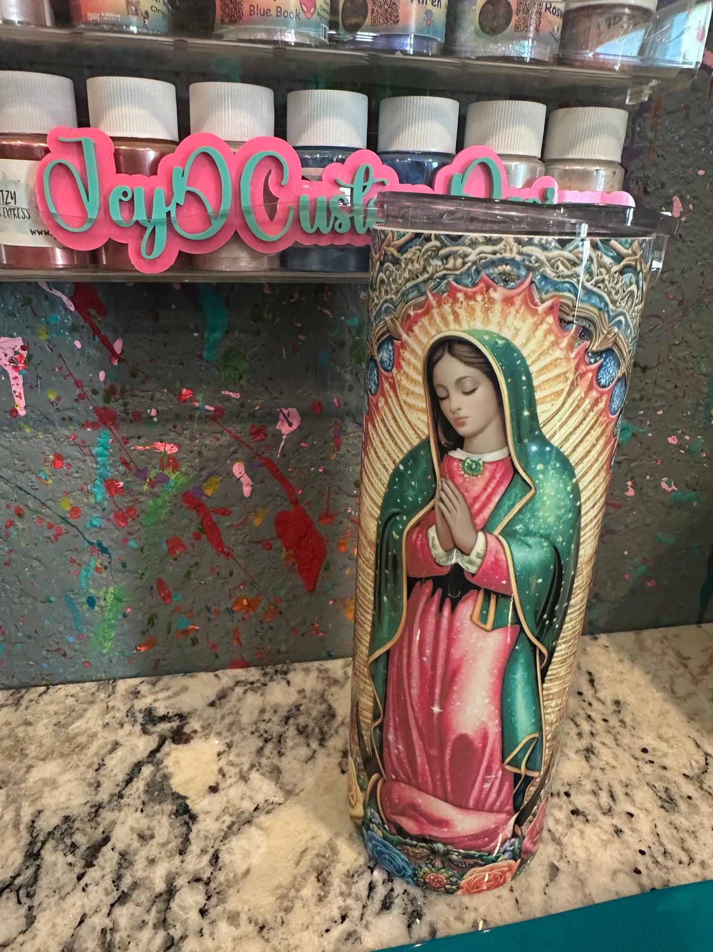 20 oz sublimated tumbler virgen rainbow rose